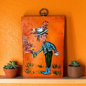 VINTAGE 1960s Orange Flower Man Mid Century Oil Painting Wood MCM Folk Art